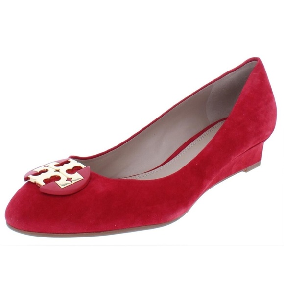 Tory Burch Shoes - TORY BURCH Luna Suede Wedge Holiday Red Pumps
